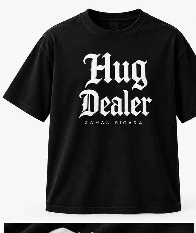 Black t-shirt with Hug Dealer Zahan Sigara gothic logo