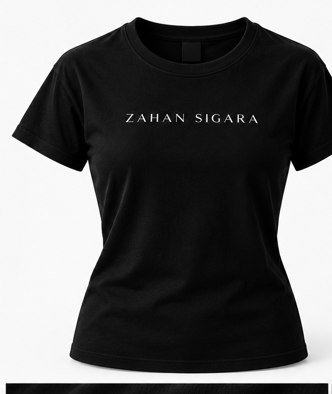 Black women's-fit t-shirt with Zahan Sigara wordmark logo